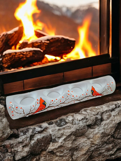 Frosted Glass Quad Candle Holder, Hand Crafted in Ukraine, Cardinal, Wonderful Year Round