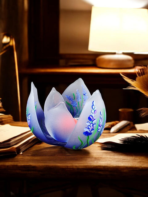 Blue  Glass Lotus Blossom Candle Holder  - Lavender Flower Design