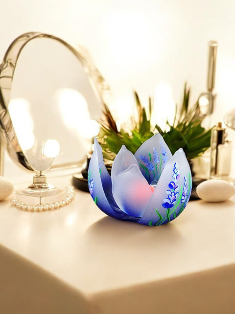 Blue  Glass Lotus Blossom Candle Holder  - Lavender Flower Design