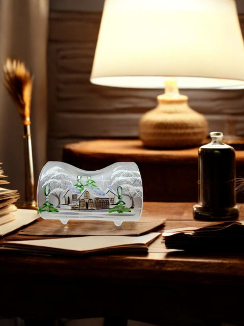 Frosted Glass Single Candle Holder  - White Cabins  Yule Log Style