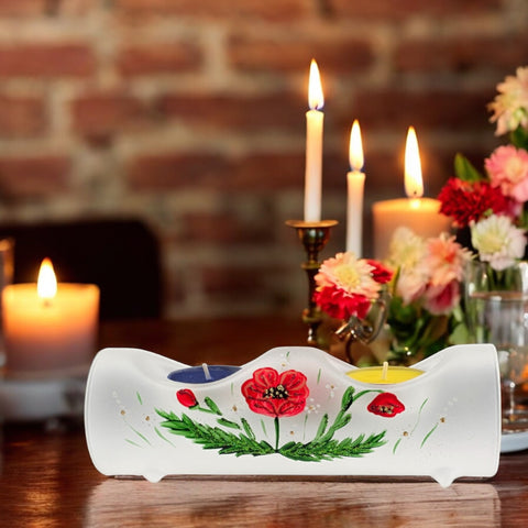 Frosted Glass Double Candle Holder - Poppy Flower