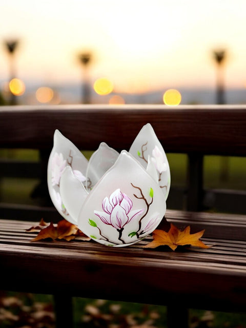 Frosted Glass Lotus Blossom Candle Holder  - Magnolia Flower