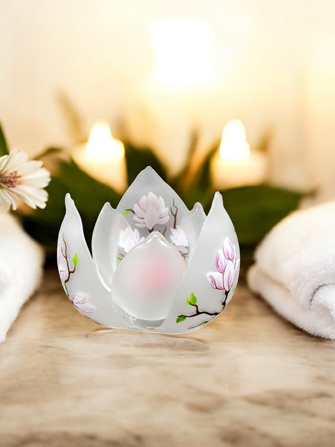 Frosted Glass Lotus Blossom Candle Holder  - Magnolia Flower