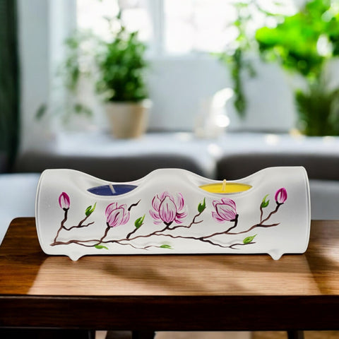 Frosted Glass Double Candle Holder, Hand Crafted in Ukraine, Magnolia Flower Design, Wonderful Year Round