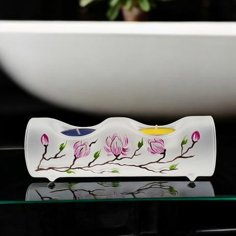 Frosted Glass Double Candle Holder, Hand Crafted in Ukraine, Magnolia Flower Design, Wonderful Year Round