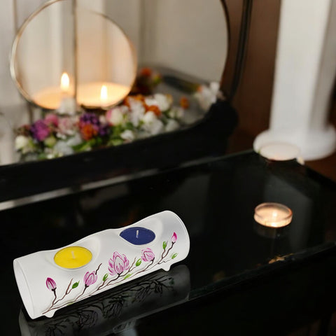 Frosted Glass Double Candle Holder, Hand Crafted in Ukraine, Magnolia Flower Design, Wonderful Year Round