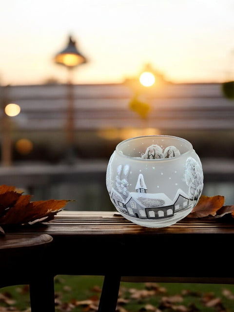Large Frosted Glass Candle Holder, Hand Crafted in Ukraine, White Church Winter Wonderland, Wonderful Year Round