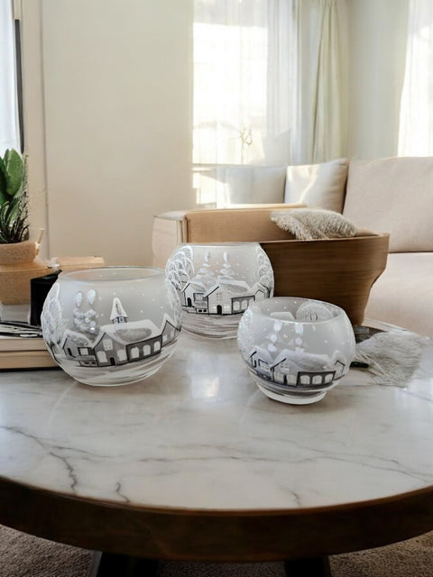 Large Frosted Glass Candle Holder, Hand Crafted in Ukraine, White Church Winter Wonderland, Wonderful Year Round