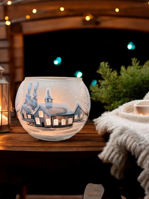 Large Frosted Glass Candle Holder, Hand Crafted in Ukraine, White Church Winter Wonderland, Wonderful Year Round
