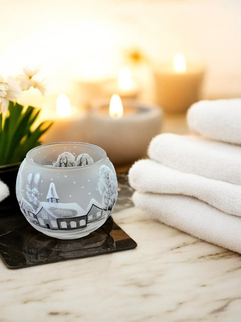 Large Frosted Glass Candle Holder, Hand Crafted in Ukraine, White Church Winter Wonderland, Wonderful Year Round