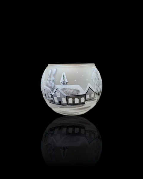 Small Frosted Glass Candle Holder, Hand Crafted in Ukraine, White Church Winter Wonderland, Wonderful Year Round