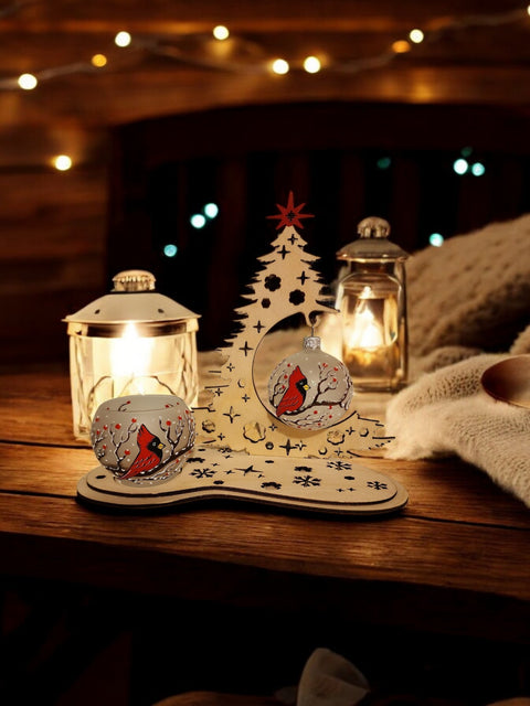 Ornament & Candle Holder Combo - Red Cardinal In A Tree
