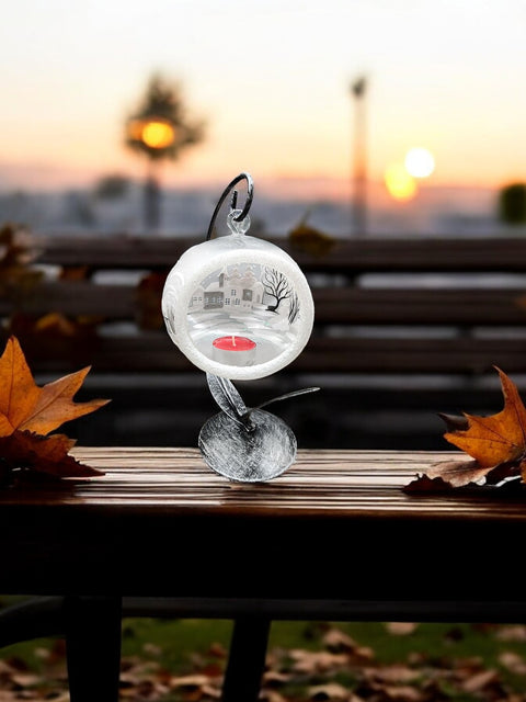 Frosted Glass Terrarium Candle Holder, Hand Crafted in Ukraine, White Church Winter Wonderland, Wonderful Year Round
