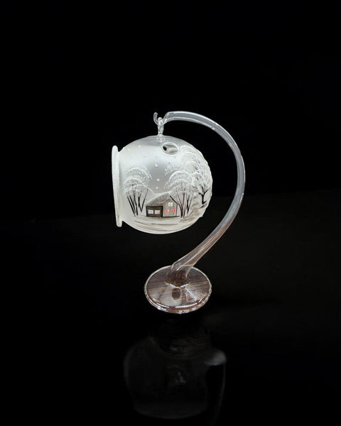 Frosted Glass Terrarium Candle Holder, Hand Crafted in Ukraine, White Church Winter Wonderland, Wonderful Year Round
