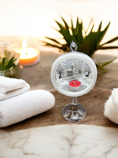 Frosted Glass Terrarium Candle Holder, Hand Crafted in Ukraine, White Church Winter Wonderland, Wonderful Year Round