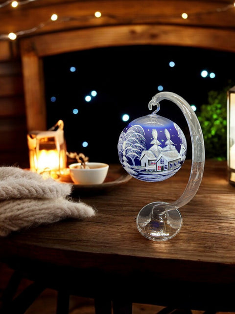 Blue Glass Terrarium Candle Holder, Hand Crafted in Ukraine, White Cabin Winter Wonderland, Wonderful Year Round
