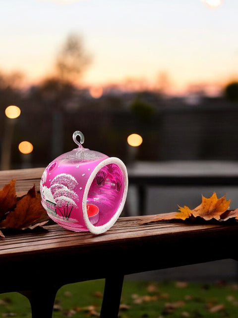 Pink Glass Terrarium Candle Holder, Hand Crafted in Ukraine, White Cabin Winter Wonderland, Wonderful Year Round