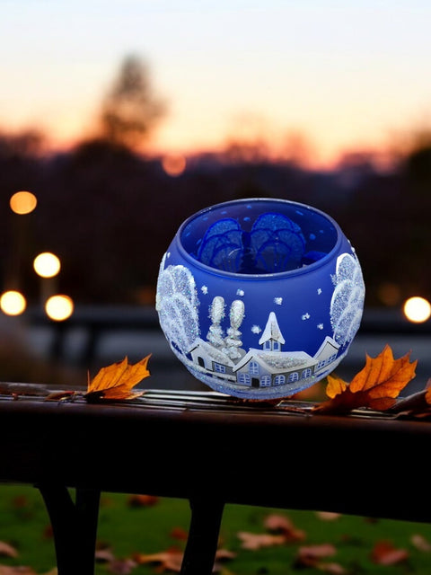 Medium Blue Glass Candle Holder, Hand Crafted in Ukraine, White Church Winter Wonderland, Wonderful Year Round