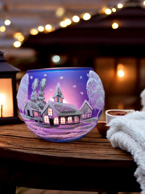 Large Blue Glass Candle Holder, Hand Crafted in Ukraine, White Church Winter Wonderland, Wonderful Year Round