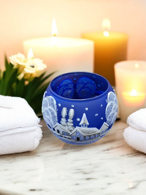 Medium Blue Glass Candle Holder, Hand Crafted in Ukraine, White Church Winter Wonderland, Wonderful Year Round