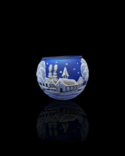 Medium Blue Glass Candle Holder, Hand Crafted in Ukraine, White Church Winter Wonderland, Wonderful Year Round