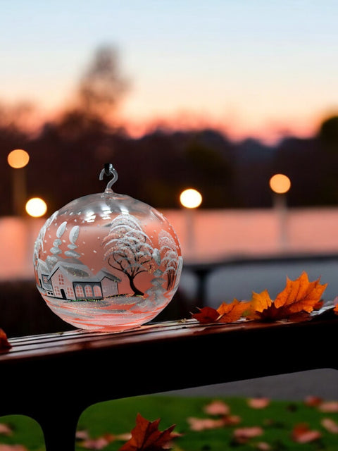 Orange Glass Terrarium Candle Holder, Hand Crafted in Ukraine, White Cabin Winter Wonderland, Wonderful Year Round