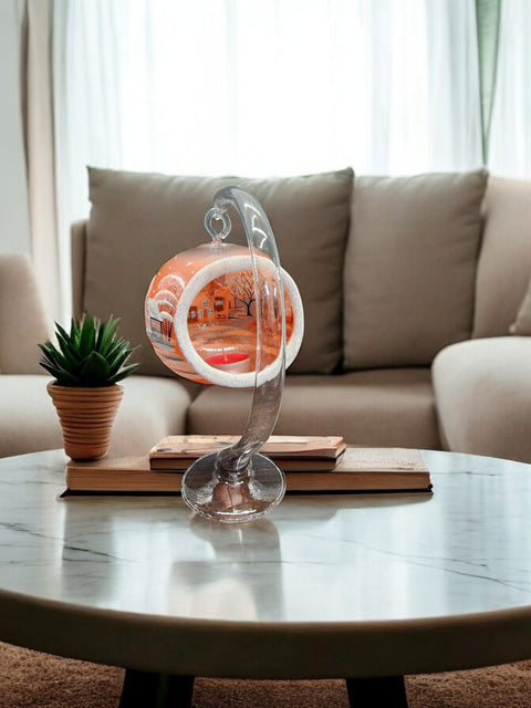 Orange Glass Terrarium Candle Holder, Hand Crafted in Ukraine, White Cabin Winter Wonderland, Wonderful Year Round