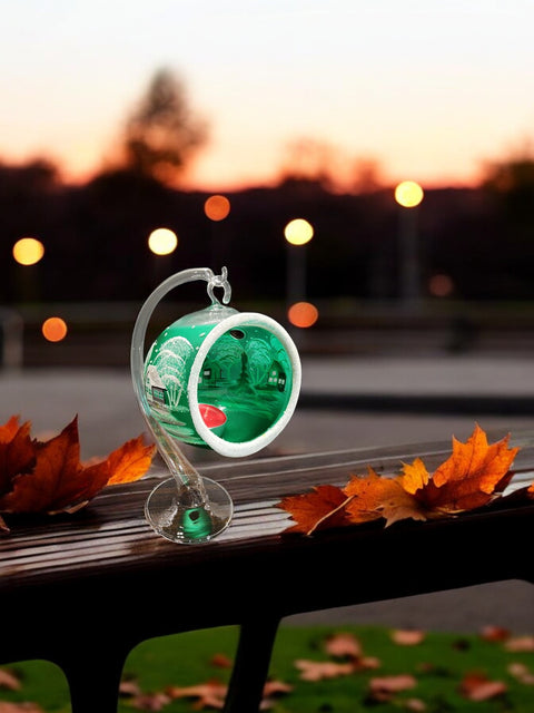 Green Glass Terrarium Candle Holder, Hand Crafted in Ukraine, White Cabin Winter Wonderland, Wonderful Year Round