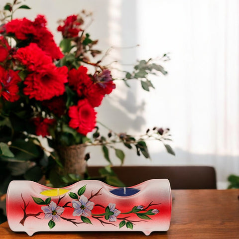 Red Glass Double Candle Holder - Dogwood Flower  Yule Log