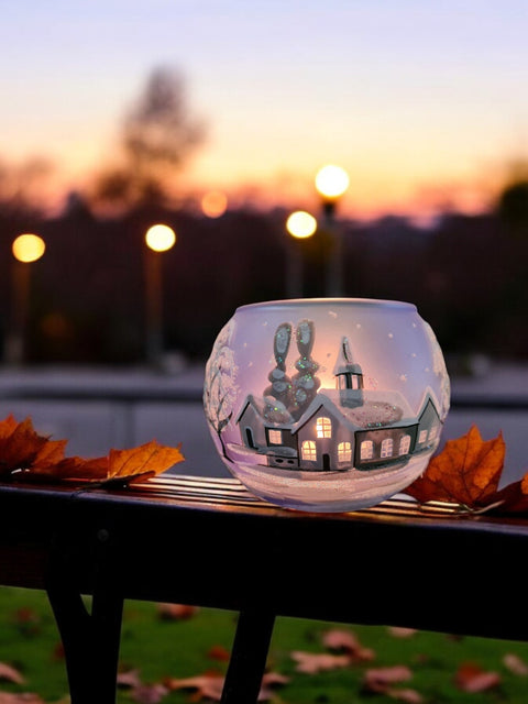 Small Light Blue Glass Candle Holder, Hand Crafted in Ukraine, White Church Winter Wonderland, Wonderful Year Round