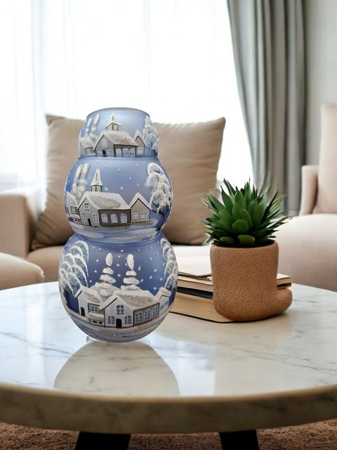 Medium Light Blue Glass Candle Holder, Hand Crafted in Ukraine, White Church Winter Wonderland, Wonderful Year Round