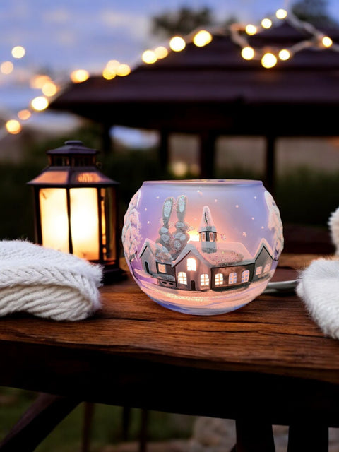Small Light Blue Glass Candle Holder, Hand Crafted in Ukraine, White Church Winter Wonderland, Wonderful Year Round
