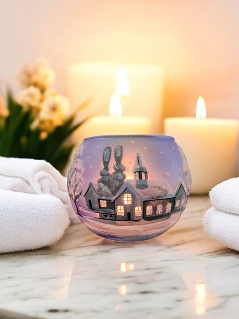 Small Light Blue Glass Candle Holder, Hand Crafted in Ukraine, White Church Winter Wonderland, Wonderful Year Round