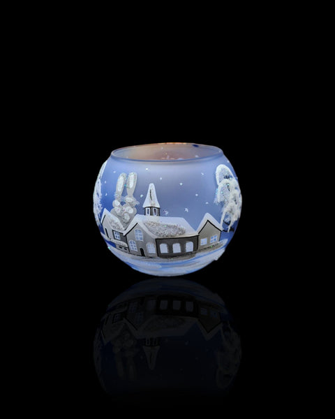 Small Light Blue Glass Candle Holder, Hand Crafted in Ukraine, White Church Winter Wonderland, Wonderful Year Round