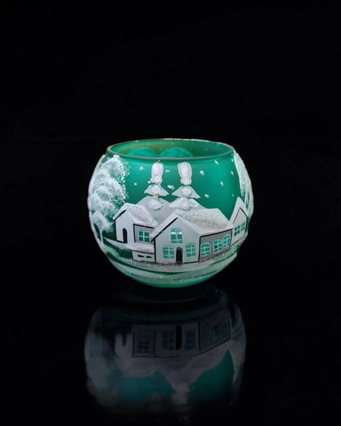 Small Green Glass Candle Holder, Hand Crafted in Ukraine, White Cabin Winter Wonderland, Wonderful Year Round