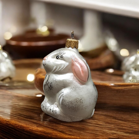 Bunny Rabbit Ornament - Hand Made In Ukraine - Blown Glass Ornament - Hand Decorated - Keepsake Ornament - Silver Bunny - Shape Ornament