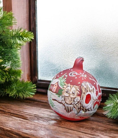 Red Blown Glass Ornament - Handcrafted -  Fun Owl Design