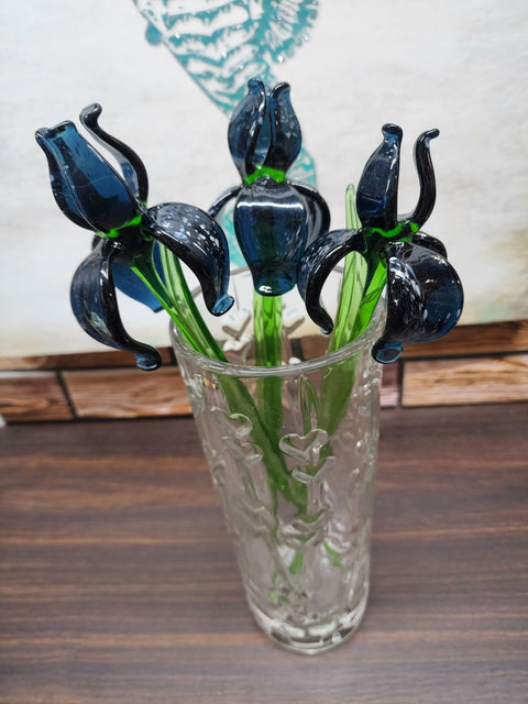 Black Glass Iris, Handcrafted Glass Flower, Hand Made In Ukraine Using Murano Quality Glass, Great Gift For Flower Lovers, 12 Inch Iris