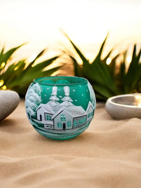 Small Green Glass Candle Holder, Hand Crafted in Ukraine, White Cabin Winter Wonderland, Wonderful Year Round