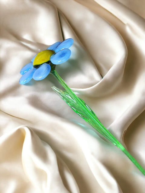 a single blue flower sitting on top of a white cloth