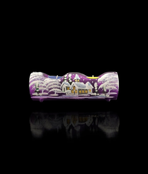 Purple Glass Double Candle Holder, Hand Crafted in Ukraine, White Church Winter Wonderland, Wonderful Year Round
