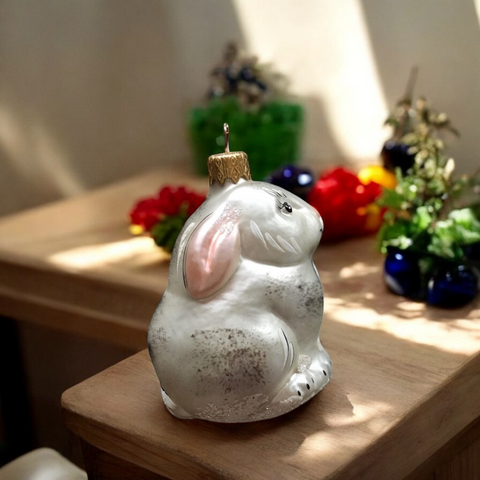 Bunny Rabbit Ornament - Hand Made In Ukraine - Blown Glass Ornament - Hand Decorated - Keepsake Ornament - Silver Bunny - Shape Ornament