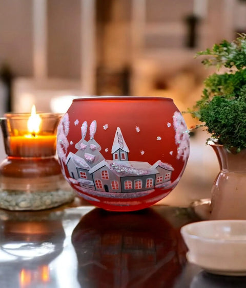 Large Red Glass Candle Holder, Hand Crafted in Ukraine, White Church Winter Wonderland, Wonderful Year Round