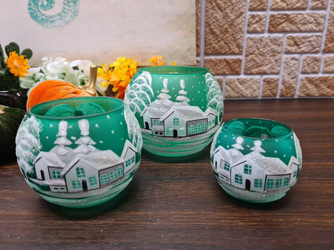 Small Green Glass Candle Holder, Hand Crafted in Ukraine, White Cabin Winter Wonderland, Wonderful Year Round