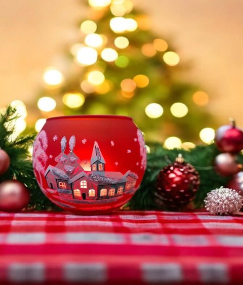 Large Red Glass Candle Holder, Hand Crafted in Ukraine, White Church Winter Wonderland, Wonderful Year Round