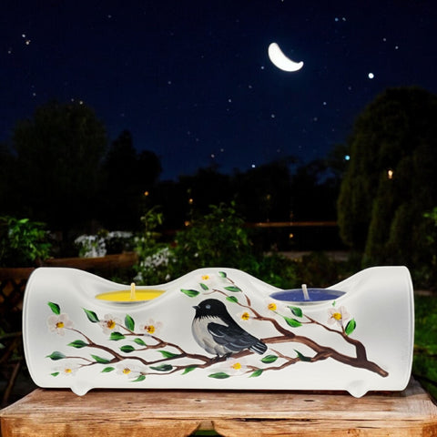 Frosted Glass Double Candle Holder, Hand Crafted in Ukraine, Chickadee Design, Wonderful Year Round