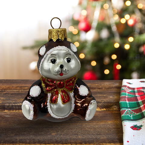 Hand Decorated Glass Keepsake Ornament - Charming Bear in Brown Coat Design