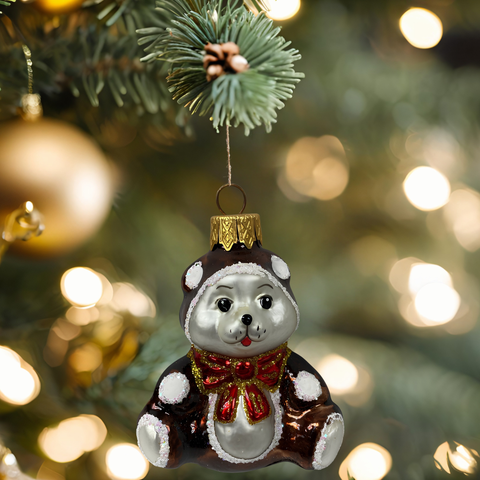 Hand Decorated Glass Keepsake Ornament - Charming Bear in Brown Coat Design