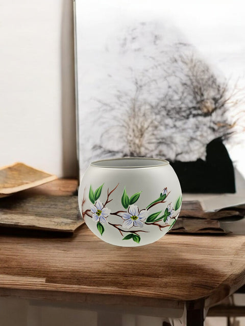 Frosted Glass Candle Holder, Hand Crafted in Ukraine, Dogwood Flower Design, Wonderful Year Round