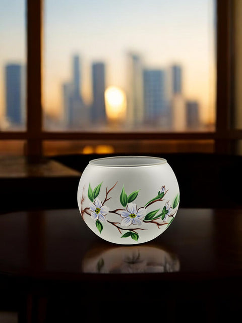 Frosted Glass Candle Holder, Hand Crafted in Ukraine, Dogwood Flower Design, Wonderful Year Round